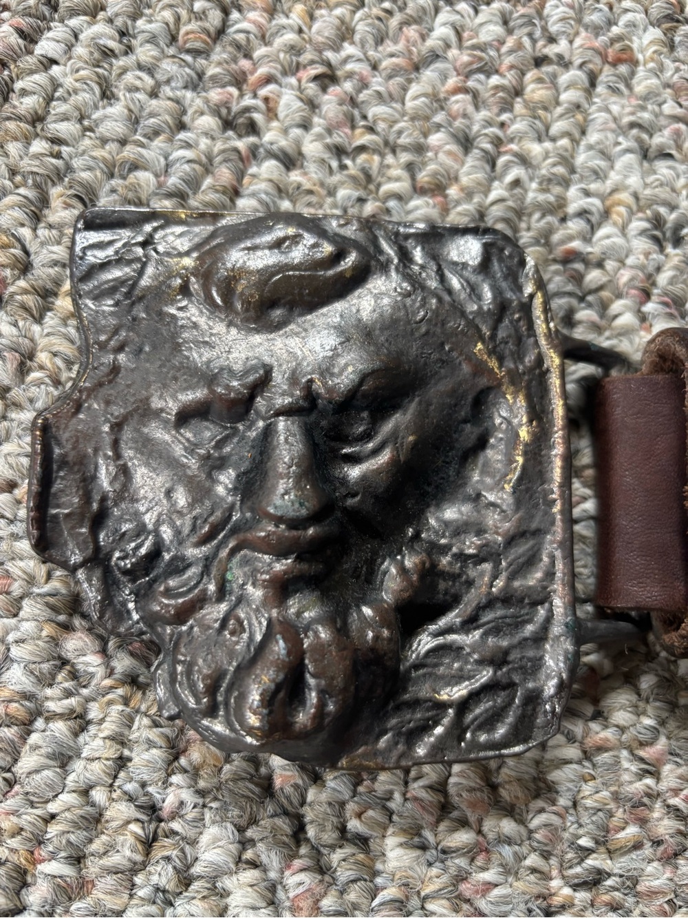 1970’s Studio Art Greek Man Casted Metal Buckle and Leather Belt